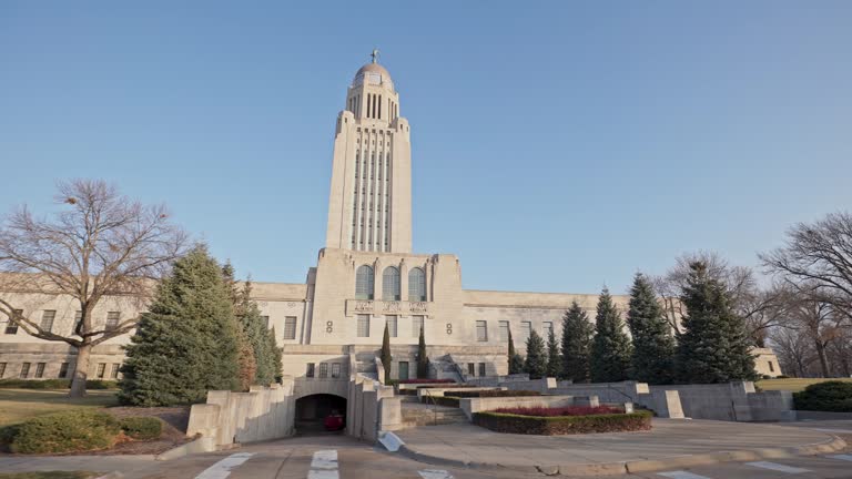 Aerial of capitol tower building in Lincoln, NE