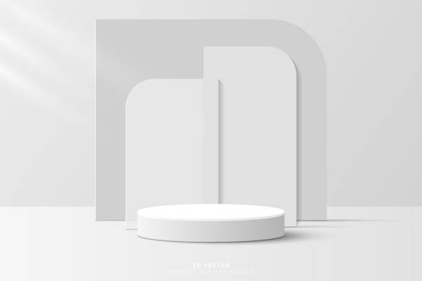 istock Abstract White gray 3d cylinder podium or product display stand with 3d geometric shape backdrop. pedestal for show products. 3d vector rendering with podium. Empty room scene for product mockup. 1494869615