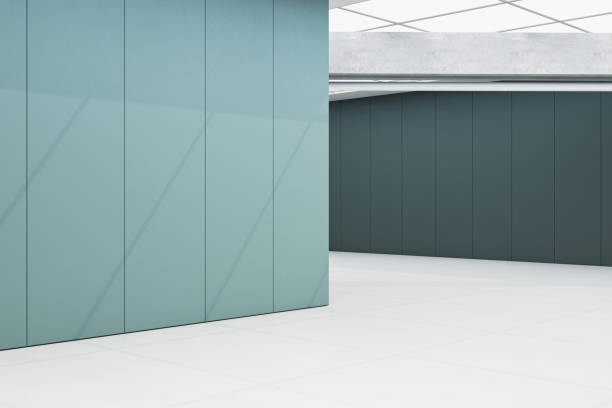 istock Clean spacious empty tile interior with mock up place and glass ceiling. 3D Rendering. 1494869722