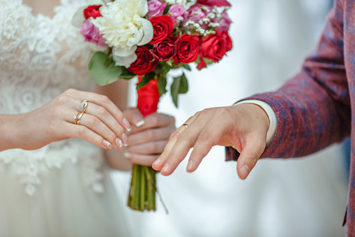 wedding rings of the bride and groom on their hands