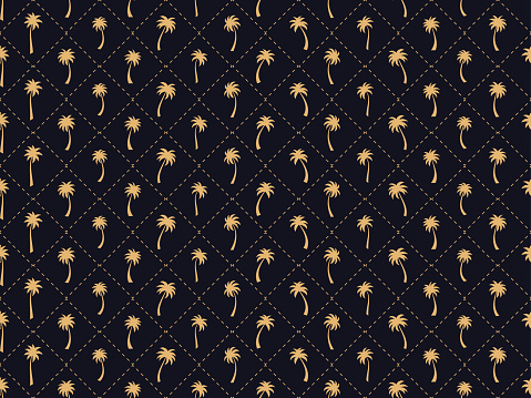 Seamless pattern with golden palm trees in art deco style. Tropical palm trees on a black background with a dotted grid. Design for printing, banners and promotional items. Vector illustration