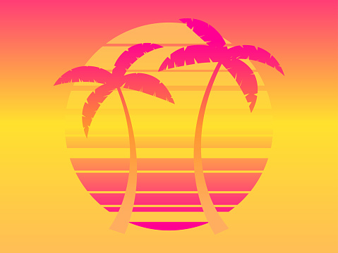 Two palm trees on a sunset 80s retro sci-fi style. Summer time. Futuristic sun retro wave with gradient color. Design for advertising brochures, banners, posters, travel agencies. Vector illustration