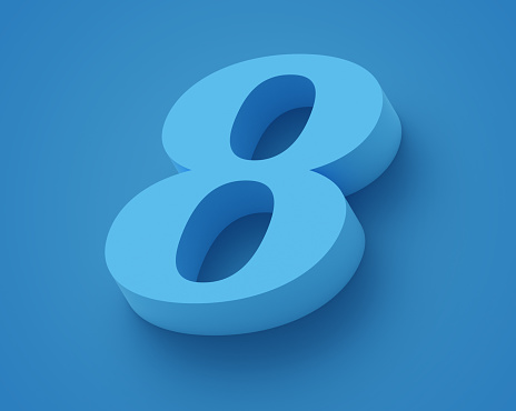 3D render number eight 8 blue background abstract with copy space.