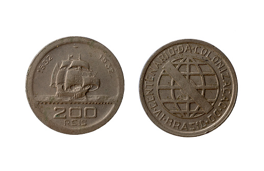 Close up view of front and back side of old soviet silver one kopeck coin of 1841 isolated on white background. Numismatic concept. Sweden.