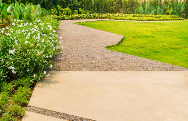 istock Garden landscape design with pathway intersecting bright green lawns and shrubs white sheet walkway in the garden. 1494875927