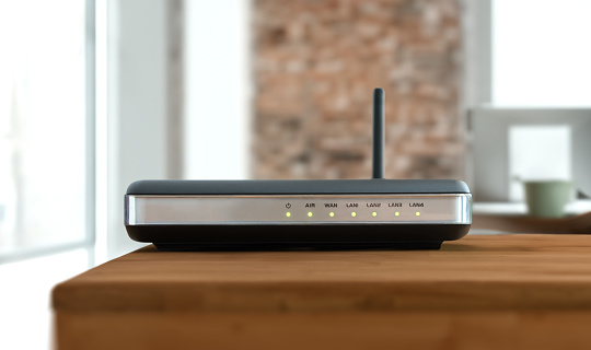 Home internet router on desk from home office
