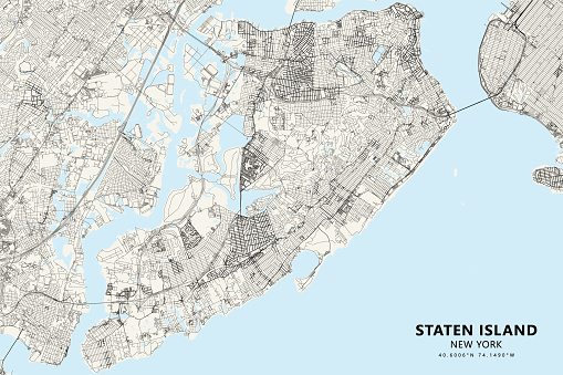 Topographic / Road map of Staten Island, NYC. Map data is public domain via census.gov. All maps are layered and easy to edit. Roads are editable stroke.
