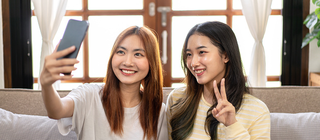 Young woman lesbian couple making v sign and smiling to taking photo selfie on smartphone while spending time to relaxation together on big comfortable sofa at home.