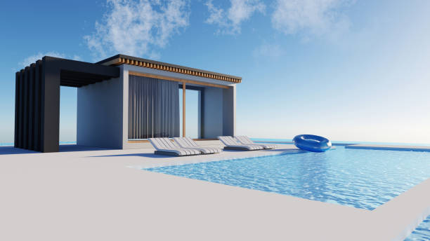 istock 3D render modern and luxury building architecture design concept, summer villa house residence and private with swimming pool and sea view, private zone, hotel or resort with space for sunbathing. 1494880470