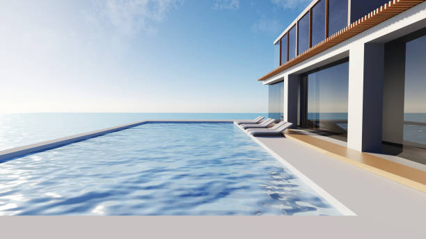 istock 3D render modern and luxury building architecture design concept, summer villa house residence and private with swimming pool and sea view, private zone, hotel or resort with space for sunbathing. 1494880498
