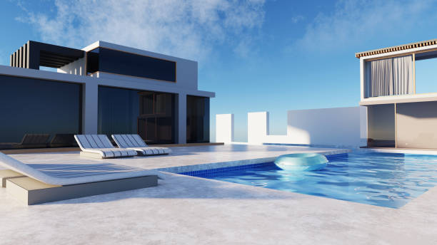 istock 3D render modern and luxury building architecture design concept, summer villa house residence and private with swimming pool and sea view, private zone, hotel or resort with space for sunbathing. 1494880499