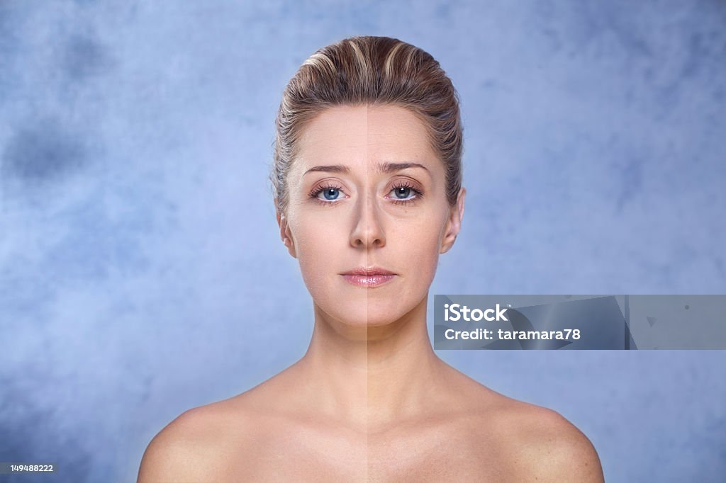 Beauty / Photo retouch, before and after Portrait of a beautiful brunette woman with blue eyes. Left side of the image is retouched to make her more beautiful, and the right side is not processed Before and After Stock Photo