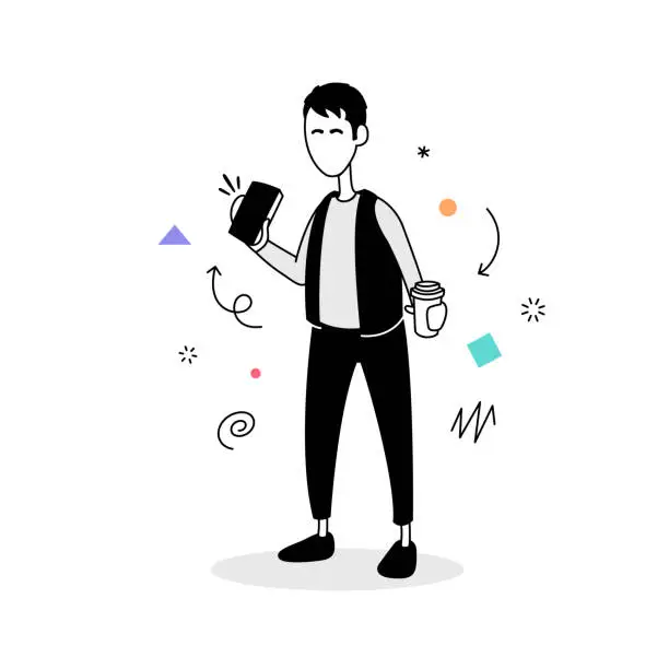 Vector illustration of Young stylish man holding a mobile phone with take away coffee