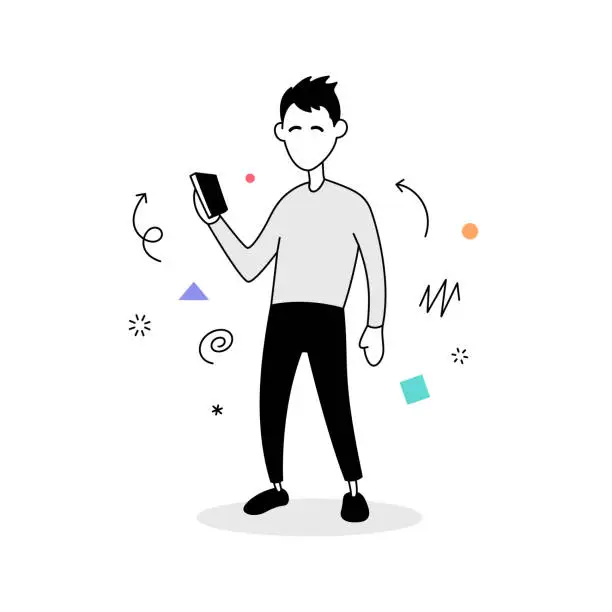 Vector illustration of Young stylish man holding a mobile phone