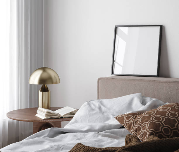 istock Mock-up poster frame close up in bedroom, Scandinavian style 1494886096