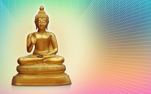 front view gold buddha statue on white line on colorful background, religion, template, banner, copy space