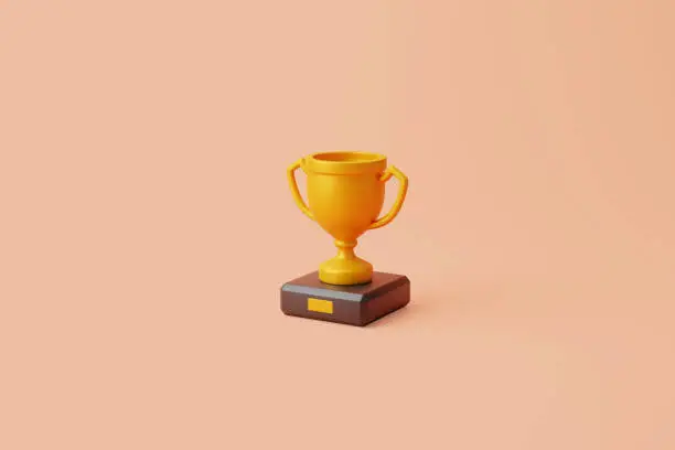 Golden trophy on a pastel beige background. Concept of leadership, championship, victory. 3d rendering illustration
