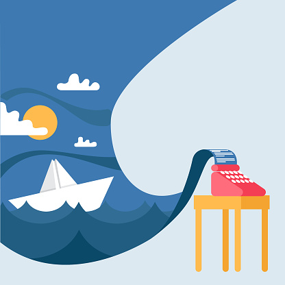 Typewriter and paper boat floating in the sea. Astory written by artificial intelligence