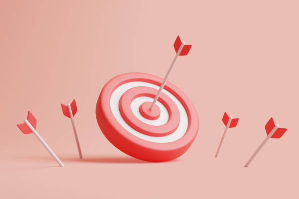 Arrows hit the center of a red dartboard on a pastel background Arrows hit the center of a red dartboard on a pastel background. Concept of solution. Business goal achievement. 3d rendering illustration archery target group of objects target sport stock pictures, royalty-free photos & images