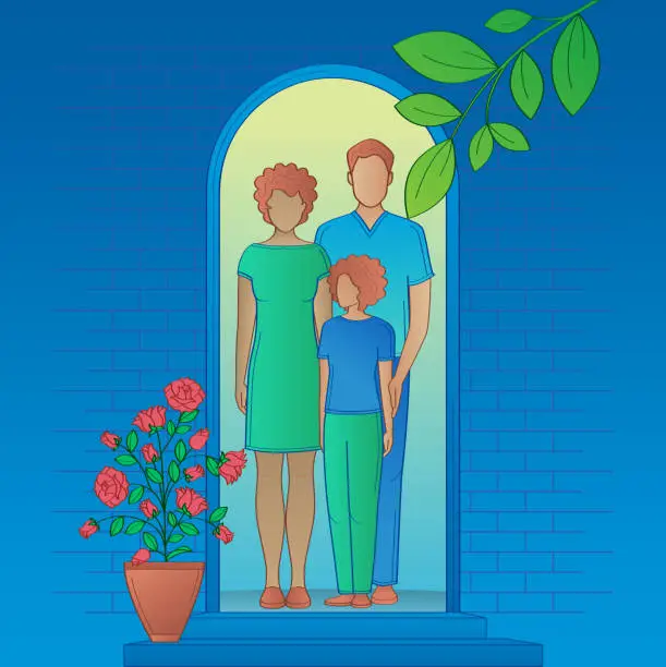 Vector illustration of family of man woman and daughter standing at the front door