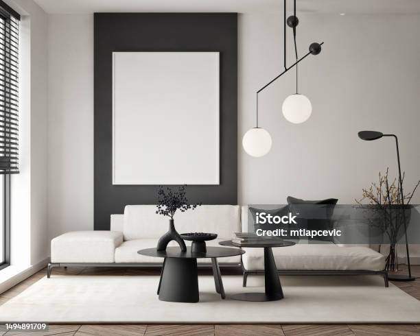 Mockup Poster Frame On The Wall Of Living Room Luxurious Apartment Background With Contemporary Design Modern Interior Design 3d Render 3d Illustration Stock Photo - Download Image Now