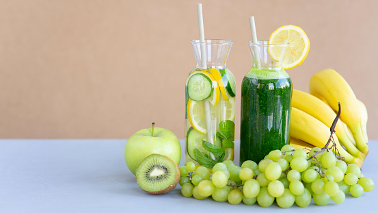 healthy food background. Food different fruits and vegetables on white wooden table background. Copy space. Food shopping at the supermarket