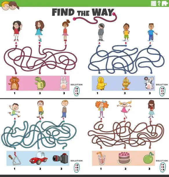 Vector illustration of find the way maze games set with funny cartoon children