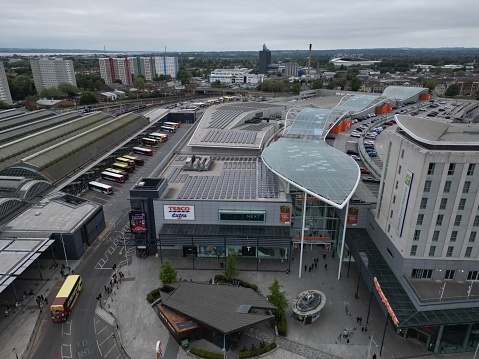 aerial view of Paragon Railway station, Hull interchange, Ferensway, Kingston upon hull, this is a decretive victorian building in the city centre, hull interchange, bus and rail public transport hub for the city of hull, yorkshire England