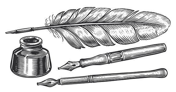 Inkwell and feather quill dip pen. Hand drawn sketch vector illustration in vintage engraving style