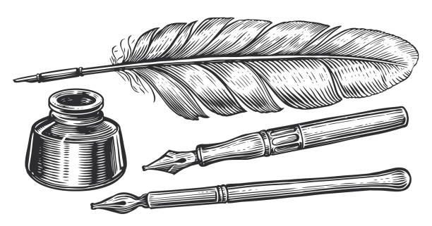 Inkwell and feather quill dip pen. Hand drawn sketch vector illustration in vintage engraving style Inkwell and feather quill dip pen. Hand drawn sketch vector illustration in vintage engraving style ink well stock illustrations