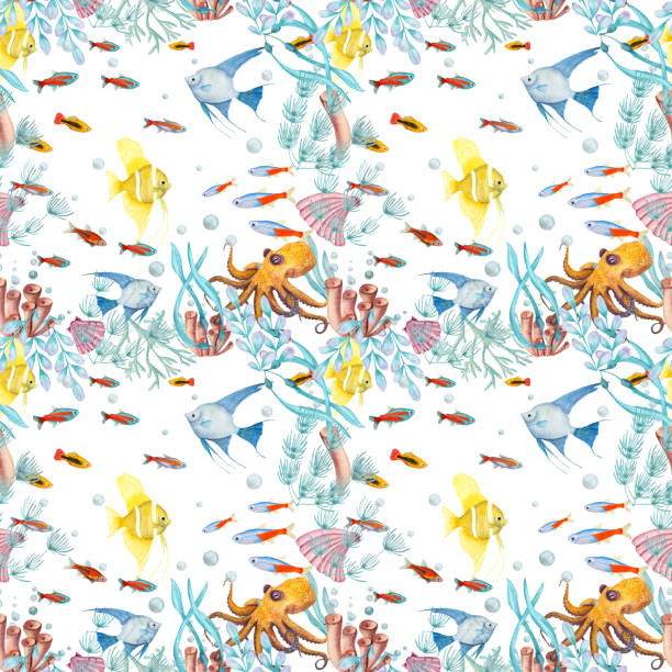 istock Seamless pattern with marine fauna isolated on white background. Watercolor illustration of angelfish, shells, corals, octopus, seaweed, water, sea, ocean. Print, design, poster, fabric, decoration 1494896629