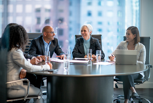 A group of business professionals sit around a boardroom table as they meet together to discuss the future of the company.  They are each dressed in business attire and appear focused on the conversation.