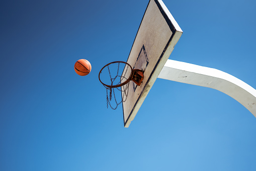View of a thrown ball on a basketball hoop
