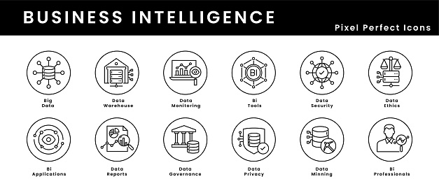 Business Intelligence Icons - A Set of High-Quality Icons for Business Intelligence like Big Data, Data Warehouse, Data Minning, Data Ethics, Data Governance, and more.
