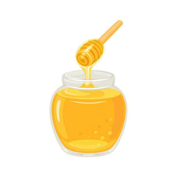 illustrazioni stock, clip art, cartoni animati e icone di tendenza di miele in barattolo di vetro e miele gocciolante da mestoli di legno. illustrazione piatta del fumetto vettoriale. - honey dipper