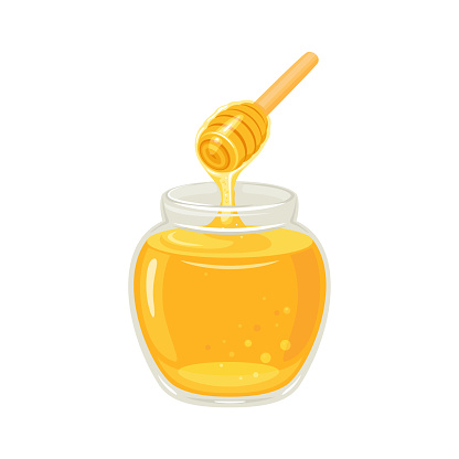 Honey in glass jar and dripping honey from wooden dipper. Vector cartoon flat illustration.