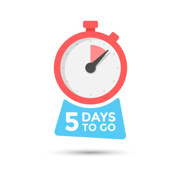 ilustraciones, imágenes clip art, dibujos animados e iconos de stock de diseño de vectores de insignia de cinco días para ir sobre fondo blanco aislado. - clock face store time sign