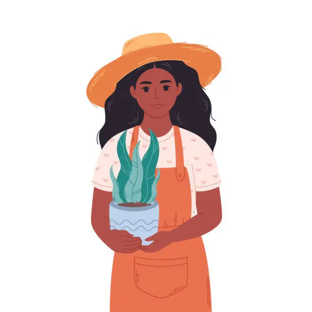 Vector illustration of Black woman gardener with potted house plant. Gardener, florist, farmer, botanics, seller in a flower shop. Vector illustration in flat style
