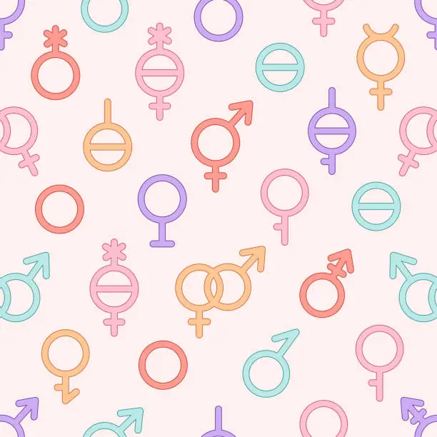 Vector illustration of Gender symbols seamless pattern. LGBTQ community. Gay, lesbian, transgender, non-binary. Vector illustration in flat style