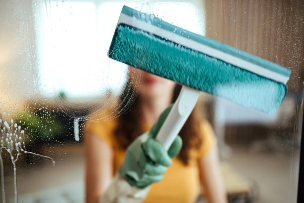 istock Young woman washing window 1494907896