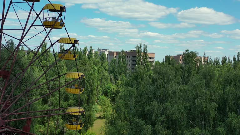 Abandoned ferris wheel of chernobyl, aerial drone shot, Chernobyl exclusion zone