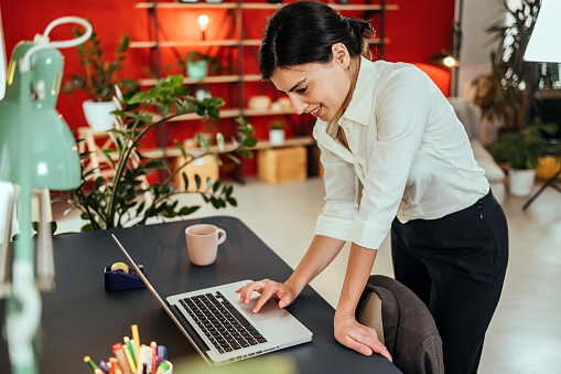 Beautiful businesswoman working at home on her laptop computer