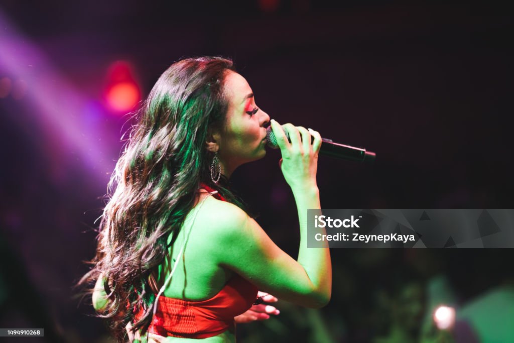 Musician on stage singing with microphone to crowded audience Music Band on Stage with Audience Popular Music Concert Stock Photo