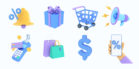 3D collection of shopping, sale, economy icons. Online shopping, saving money, promotion, managing financial income, e-commerce, trading market, payment concept, online store. 3d render illustration.