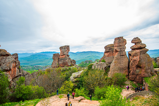 29 April 2023, Belogradchik, Bulgaria, Belogradchik cliff rocks and wall at ancient Kaleto, landmark of Bulgaria is great touristic attraction.