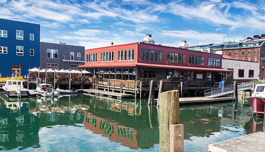 Restaurant and docks in Old Port, Portland, Maine