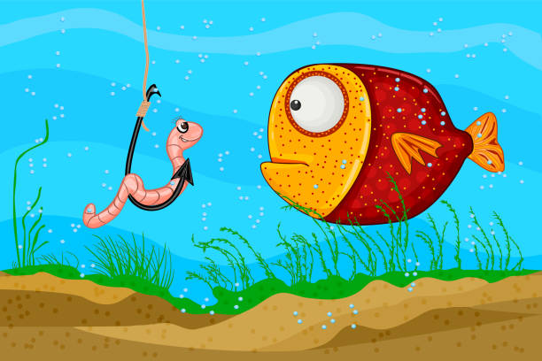 ilustrações de stock, clip art, desenhos animados e ícones de worm on hook and fish under water. astonished fish look to earthworm on fishhook in underwater. - worm cartoon fishing bait fishing hook