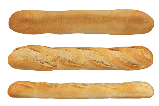White French baguette, long bread, isolate. Set of white baguettes from different sides on a white isolated background. Top, side, bottom view. High quality photo