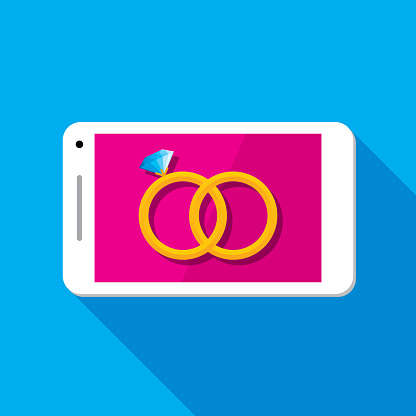 Vector illustration of a smartphone with wedding rings icon against a blue background in flat style.