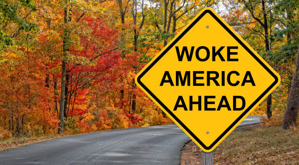 istock Woke America Ahead Warning Sign - Autumn Background 1494915695